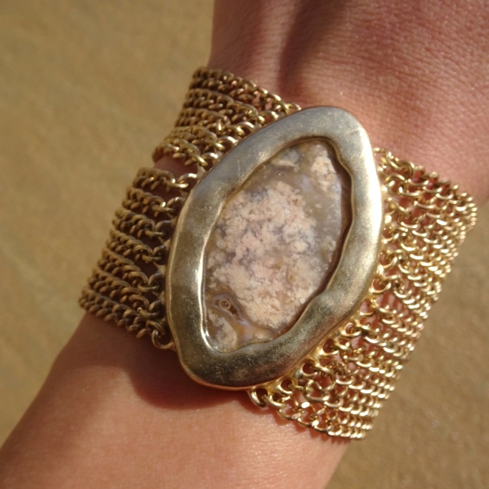 Chico's Gold Cable Chain & Picture Jasper Gemstone Big Boho Chic Toggle Bracelet